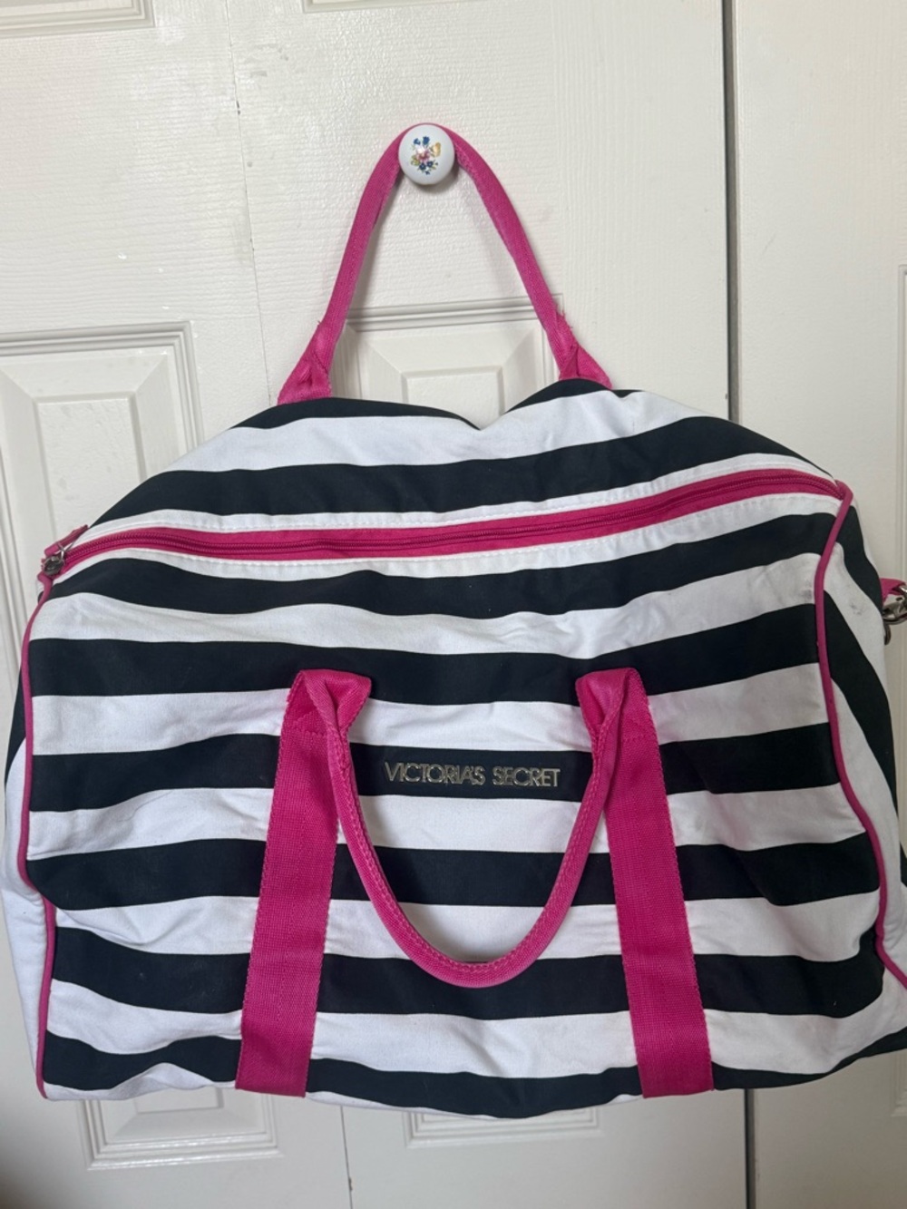 Victoria's Secret Black & White Striped Travel Bag with Hot Pink Trim